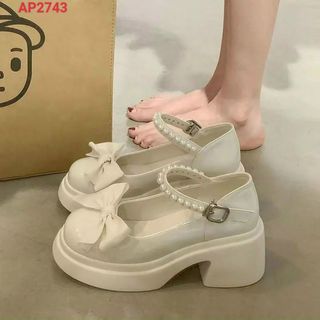 Giày Cao Gót nữ Lolita Đế Vuông Đính Nơ xinh xắn