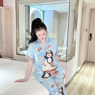 Bộ pijama Lụa xước thiết kế 5D in full sang chảnh  , freesize  ( đồ bộ gấm ánh kim , cao cấp loại 1 )