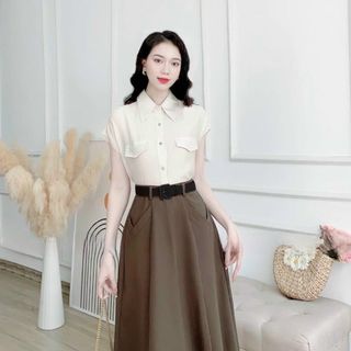 Chân váy xòe 2 túi dáng dài chất liệu kaki Hàn cao cấp