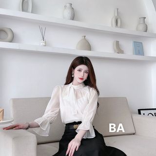 Áo Sơ Mi Cổ Nơ Tay Bo Chun Mix Chân Váy Xòe
