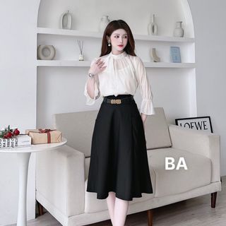 Áo Sơ Mi Cổ Nơ Tay Bo Chun Mix Chân Váy Xòe