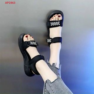 Sandal nữ quai ngang đen phối sọc caro đẹp