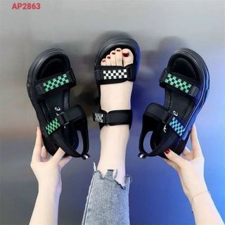 Sandal nữ quai ngang đen phối sọc caro đẹp