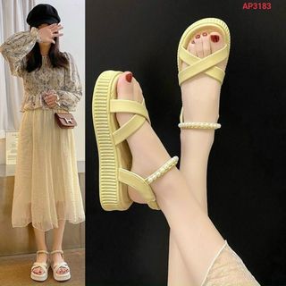 Sandal nữ bằng quai chéo phối quai cổ chân ngọc trai đẹp