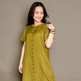 Đầm Linen thiết kế Hồng ruốc và cột úa
