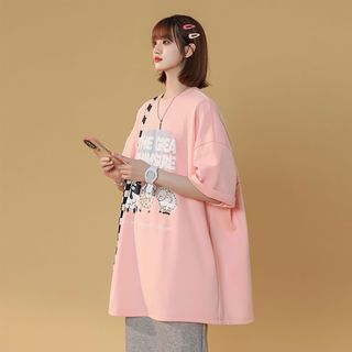 Áo thun tay lỡ form rộng in hình 3 chú cừu