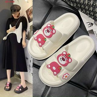 Dép bánh mì nữ quai ngang sticker gấu hoa nâu đẹp
