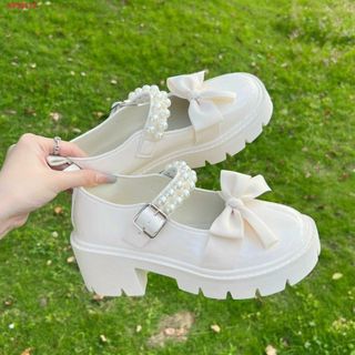 Giày búp bê nữ da bóng đính nơ phối quai ngang ngọc trai đẹp