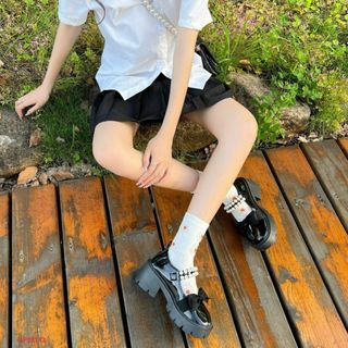 Giày búp bê nữ da bóng đính nơ phối quai ngang ngọc trai đẹp