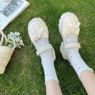 Giày búp bê nữ da bóng đính nơ phối quai ngang ngọc trai đẹp