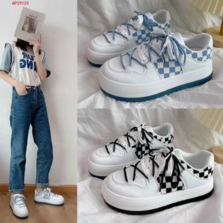 Giày thể thao nữ chất da mềm trắng phối caro đẹp