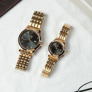 Đồng hồ cặp nam nữ OSHZRO dây kim loại vàng - Đồng hồ đôi kiểu dáng thời trang, mặt kính tròn