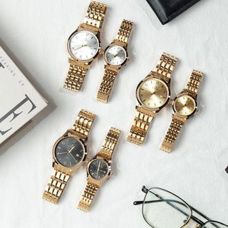 Đồng hồ cặp nam nữ OSHZRO dây kim loại vàng - Đồng hồ đôi kiểu dáng thời trang, mặt kính tròn