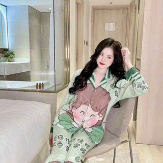 Lụa xước thiết kế 3D pizama Tay dài quần dài Freesize dưới 58Kg