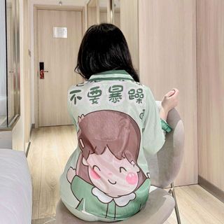 Lụa xước thiết kế 3D pizama Tay dài quần dài Freesize dưới 58Kg
