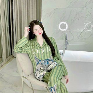 Lụa xước thiết kế 3D pizama Tay dài quần dài Freesize dưới 58Kg