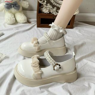 Giày lười nữ da bóng mềm phối quai ngang đính ngọc trai