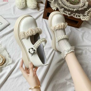 Giày lười nữ da bóng mềm phối quai ngang đính ngọc trai