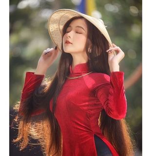 Áo Dài Truyền Thống Nhung Đỏ Tươi C35 Hàng Loại1 [Tặng Vòng Ngọc như ảnh]