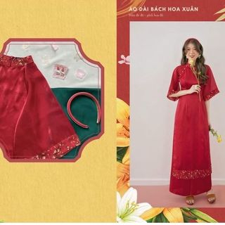 Áo Dài Cách Tân 4 Tà bách hoa xuân tay lỡ phối hoa nhí