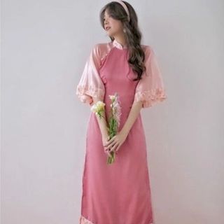 Áo Dài Cách Tân 4 Tà bách hoa xuân tay lỡ phối hoa nhí