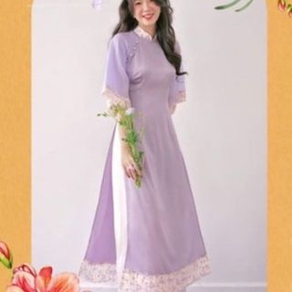 Áo Dài Cách Tân 4 Tà bách hoa xuân tay lỡ phối hoa nhí