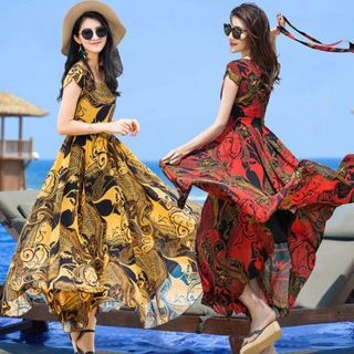 Váy Đầm Maxi Đi Biển Cổ Tròn Dáng Xòe