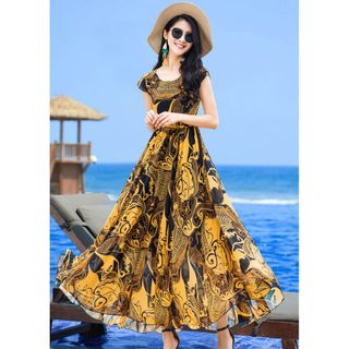 Váy Đầm Maxi Đi Biển Cổ Tròn Dáng Xòe