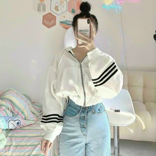 (ảnh thật)Áo Khoác form lửng crotop 3 sọc viền ở tay chất vải đẹp tay phồng dễ phối đồ thời trang