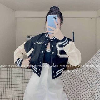 Áo khoác bomber croptop Chữ B nữ dáng lửng cánh dơi Phối tay trắng rộng bấm cúc sexy mẫu mới