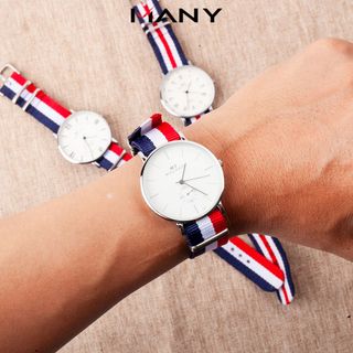 Đồng hồ cặp nam nữ dây dù sọc màu - Đồng hồ đôi đeo tay mặt kính tròn MANY