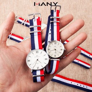 Đồng hồ cặp nam nữ dây dù sọc màu - Đồng hồ đôi đeo tay mặt kính tròn MANY