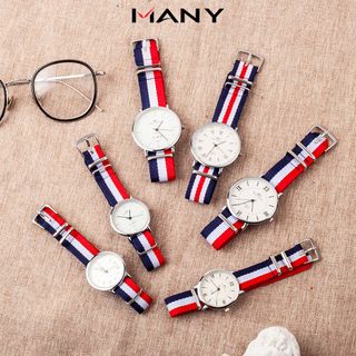 Đồng hồ cặp nam nữ dây dù sọc màu - Đồng hồ đôi đeo tay mặt kính tròn MANY