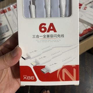 Cáp 3 đầu X86 dài 1,2m sạc nhanh 6A, nhựa siêu dẻo, siêu mềm giá sỉ