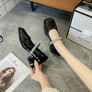 Giày cao gót vuông nữ chất da bóng phối quai ngang đính đá đẹp