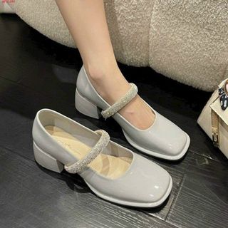 Giày cao gót vuông nữ chất da bóng phối quai ngang đính đá đẹp