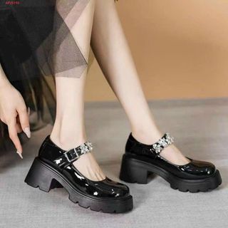 Giày búp bê cao gót nữ da bóng quai ngang đính đá đẹp
