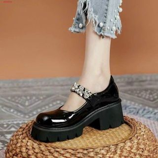 Giày búp bê cao gót nữ da bóng quai ngang đính đá đẹp