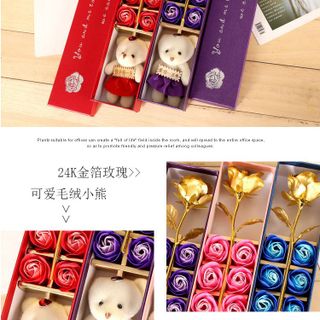 Hộp Dài Hoa Hồng Sáp Thơm Kèm Gấu Bông Hoa hồng mạ vàng