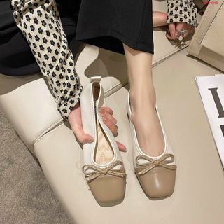 Giày búp bê nữ mũi vuông 2 màu phối nơ xinh xắn