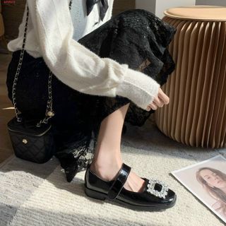 Giày Búp Bê nữ Mũi Tròn Đính Đá Vuông da Mềm đẹp
