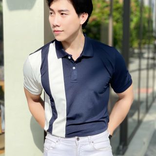 THUN NAM, ÁO THUN NAM, ÁO CỔ BẺ, ÁO POLO NAM, POLO PHỐI DỌC XANH ĐEN P01
