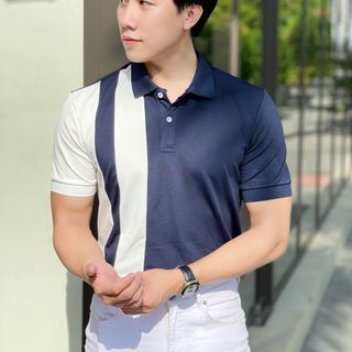 THUN NAM, ÁO THUN NAM, ÁO CỔ BẺ, ÁO POLO NAM, POLO PHỐI DỌC XANH ĐEN P01