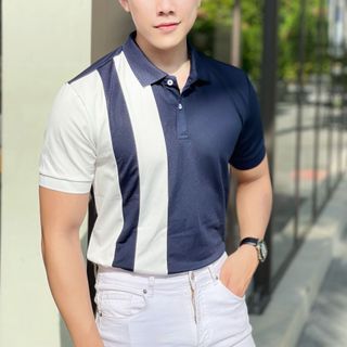 THUN NAM, ÁO THUN NAM, ÁO CỔ BẺ, ÁO POLO NAM, POLO PHỐI DỌC XANH ĐEN P01