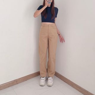 Quần ống rộng suông nữ lưng cao khóa trước 1 khuy vải kaki cotton mềm mát chính hãng AGE2X