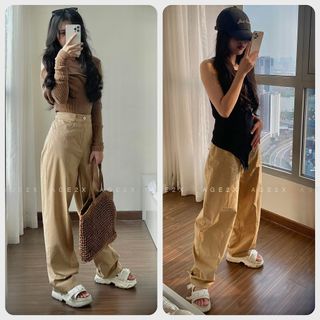 2.Quần ống rộng suông nữ lưng cao phong cách Streetstyle có khóa trước 1 khuy vải kaki cotton mềm mát chính hãng AGE2X