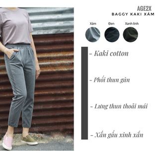 Quần Baggy nữ Kaki AGE2X chất kaki cotton wash mềm xịn, co giãn, cử động thoải mái