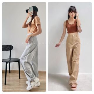 Quần ống rộng suông nữ lưng cao kaki cotton mềm mát chính hãng AGE2X phong cách năng động trẻ trung Hàn Quốc