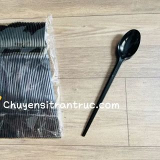 Combo 50 Muỗng nhựa cán dài 20cm màu đen Thìa múc thạch trà sữa, rau câu cho ly 700ml,1000ml