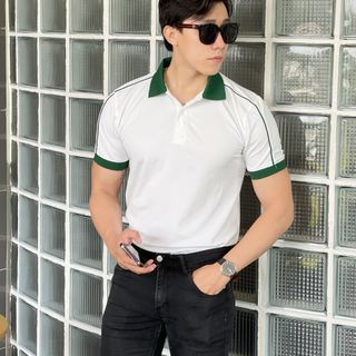 POLO, ÁO POLO NAM, THUN POLO NAM, POLO TRẮNG PHỐI DÂY RÊU P84